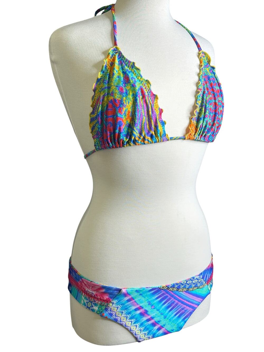 Luli Fama "Afterglow" Tie-Dye Triangle Bikini Set Ruffled Ruched Top & Bottom M